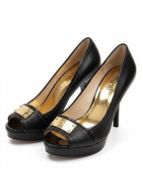 Michael Kors Black Peep-Toe Leather Platform Heels with Gold Accent